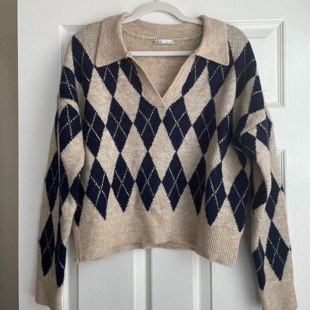 Cream and Tan Argyle Collared Sweater